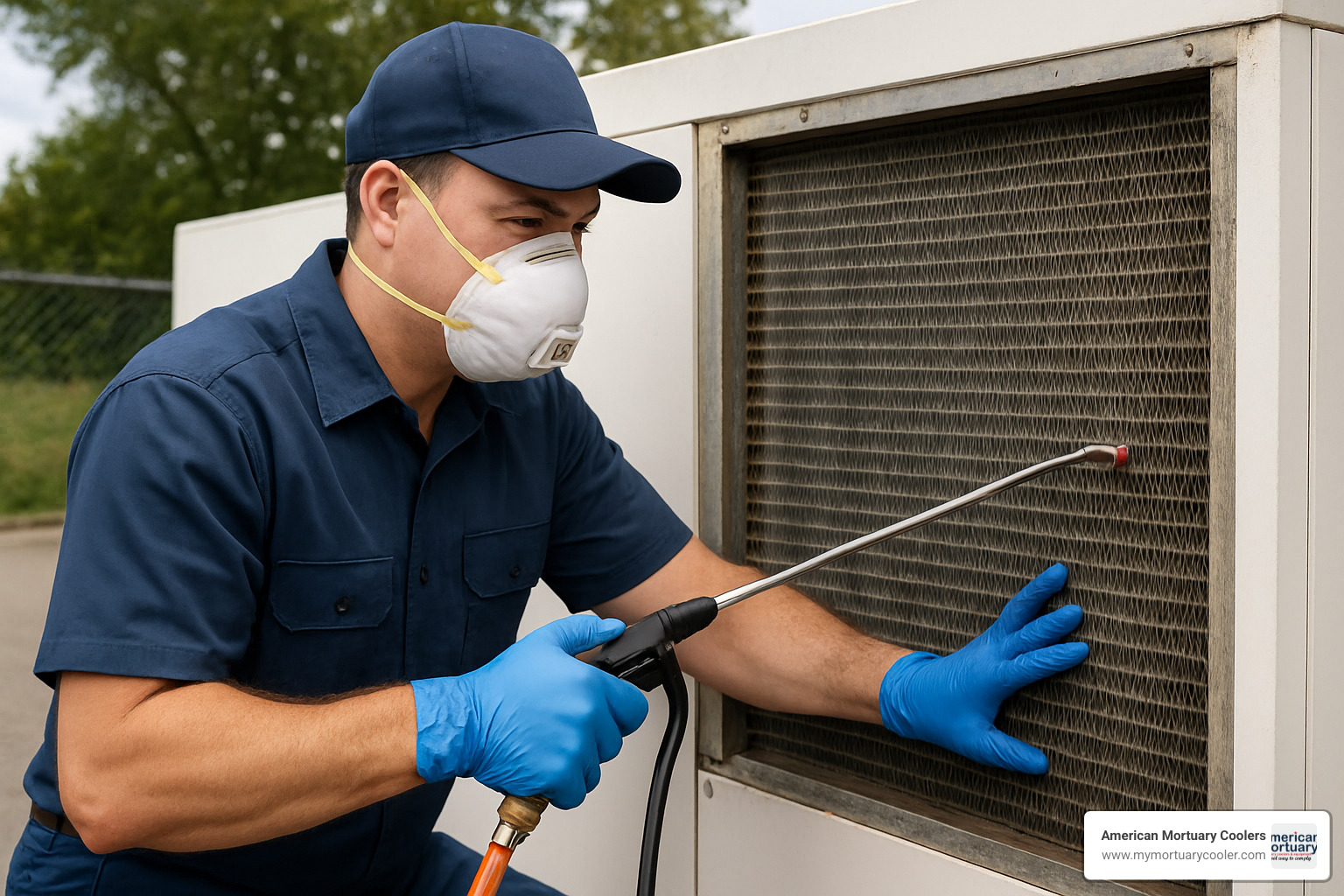 technician cleaning condenser coils - freezer condenser unit