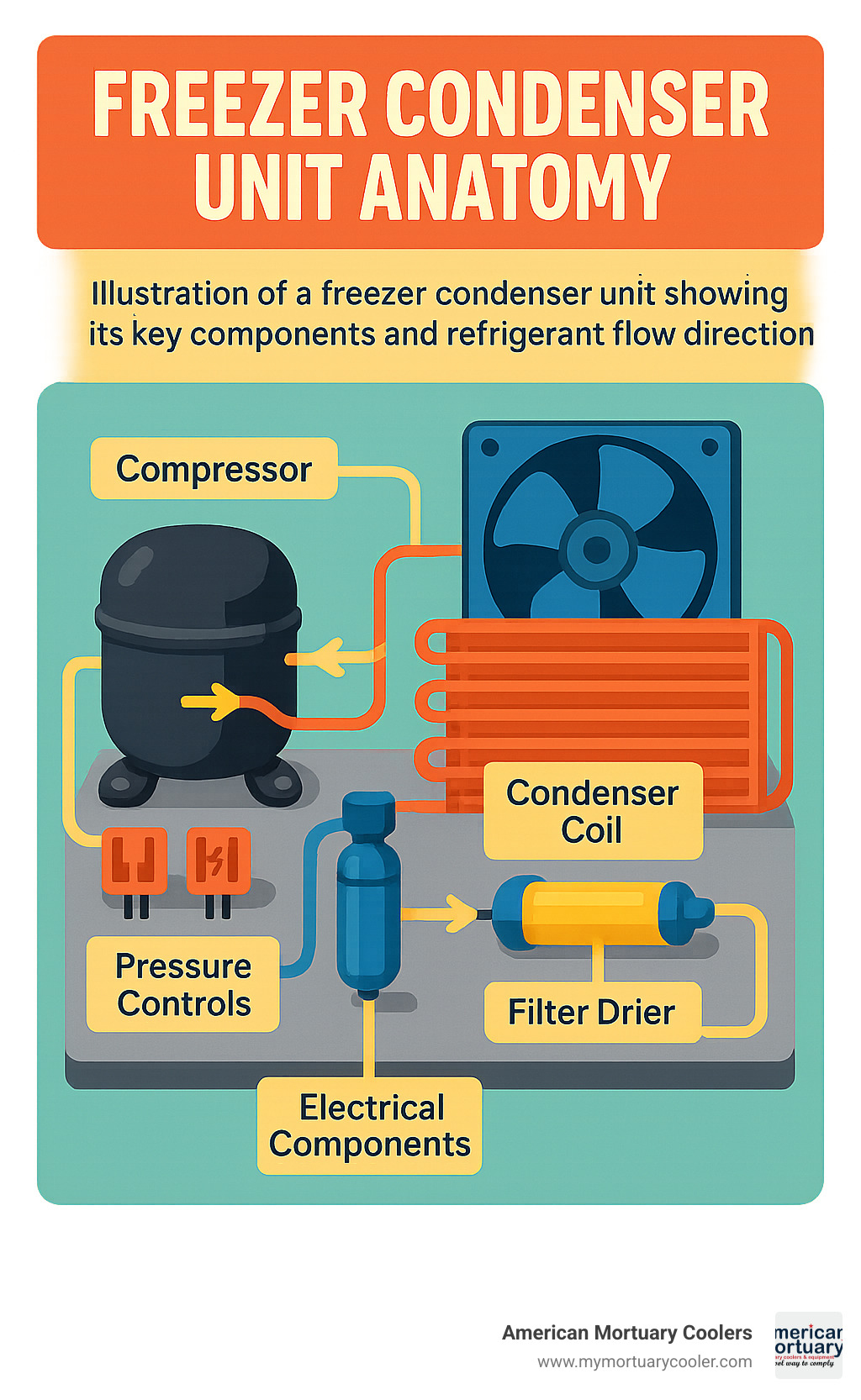 Freezer condenser unit anatomy showing compressor, condenser coil, fan motor, receiver tank, filter drier, pressure controls and electrical components with refrigerant flow direction - freezer condenser unit infographic 