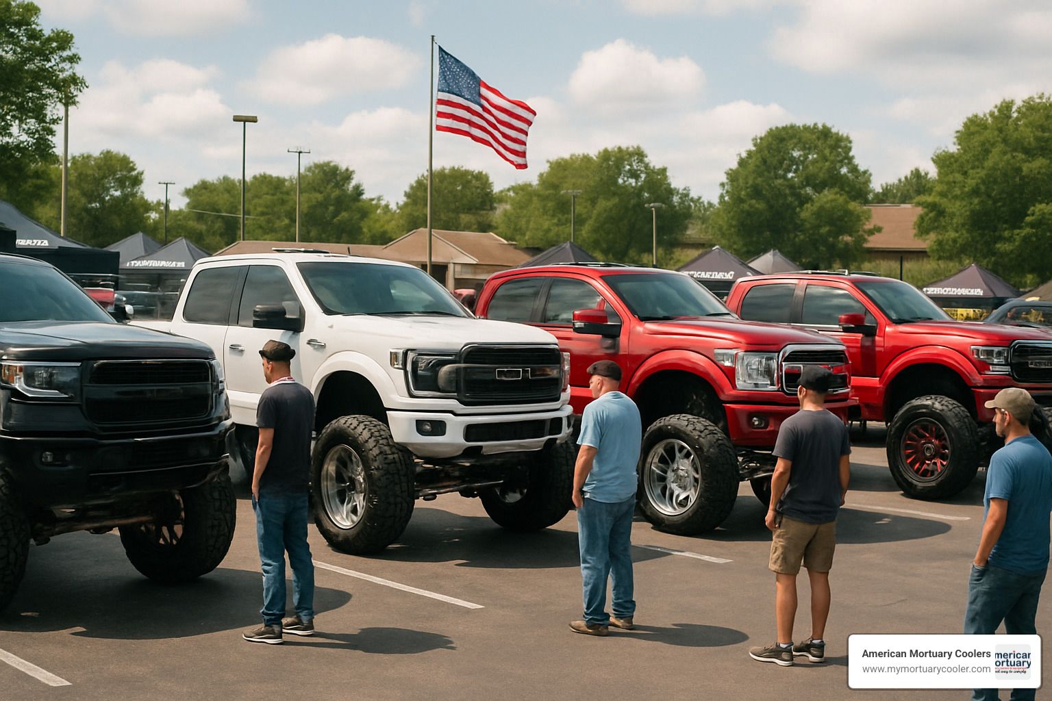 truck enthusiasts gathered at a car show with modified trucks - mall truck