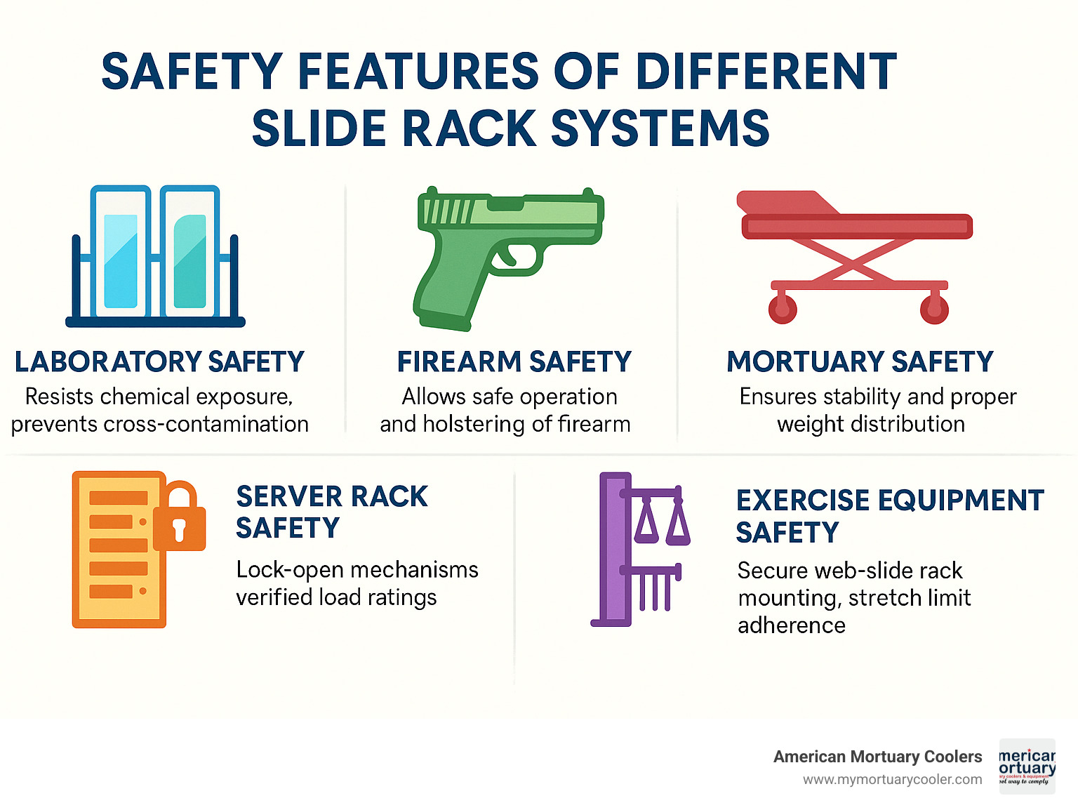 Safety features of different slide rack systems - slide rack infographic 