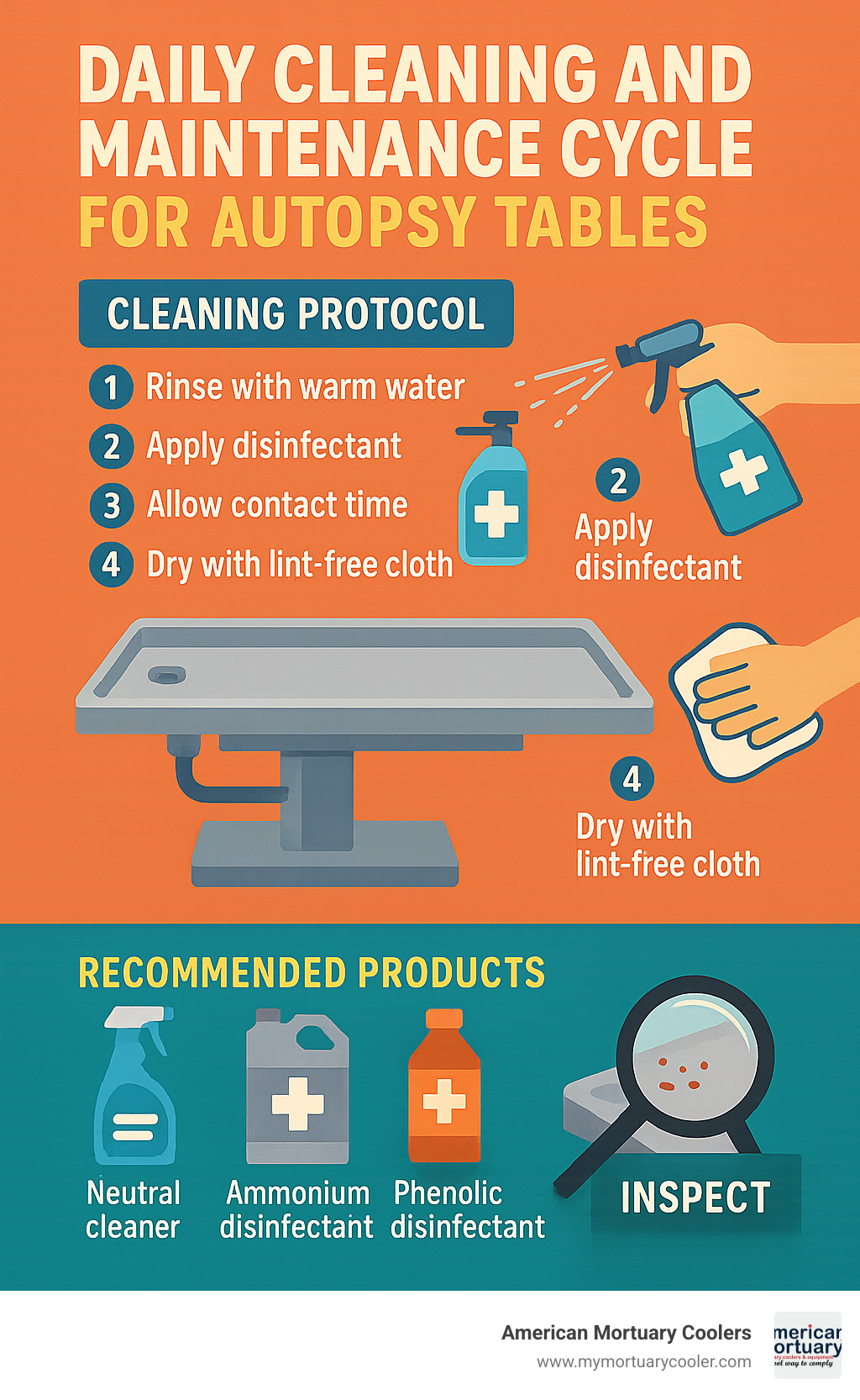 Daily cleaning and maintenance cycle for autopsy tables showing proper products, techniques, and inspection points - autopsy table for sale infographic 