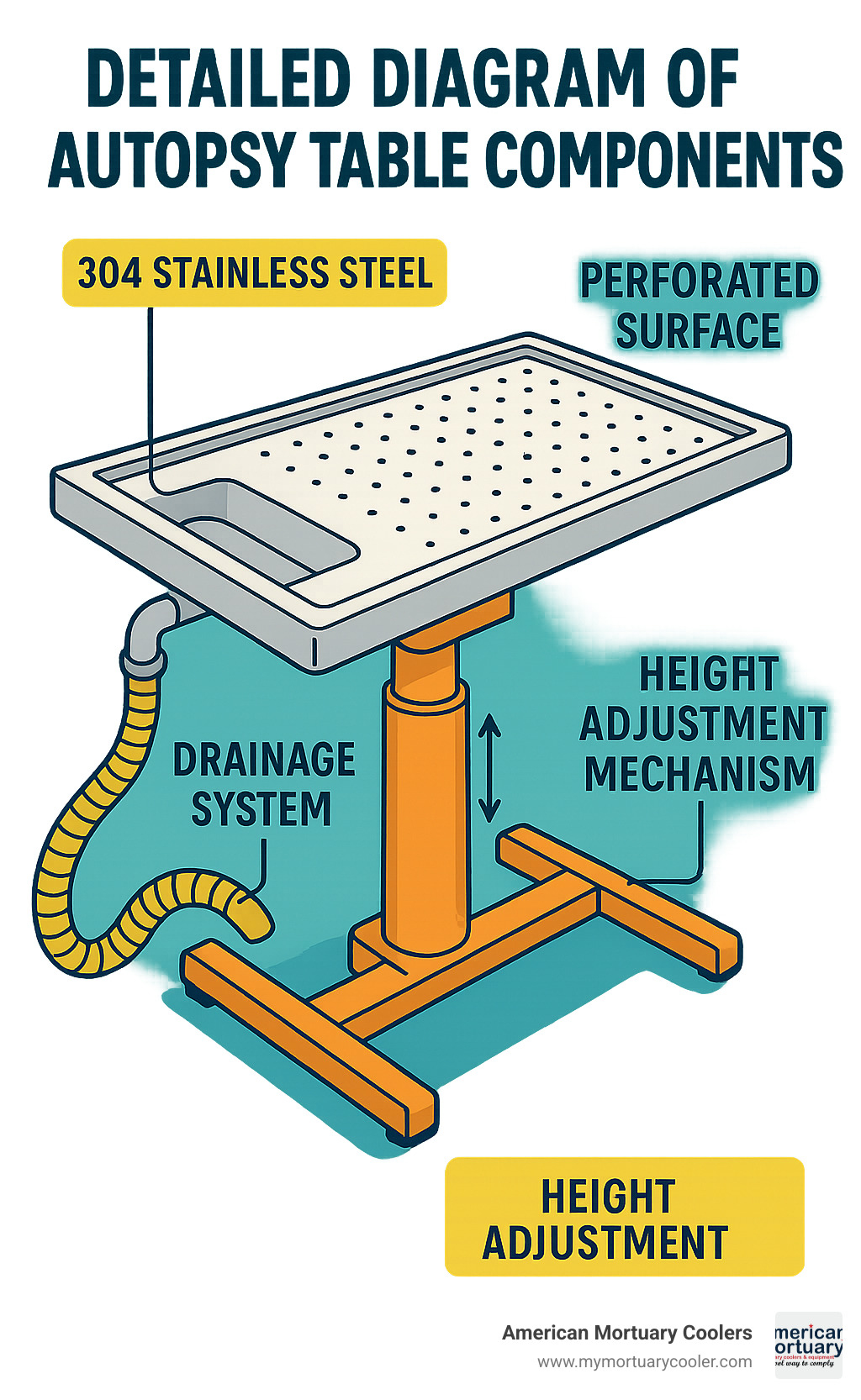 Detailed diagram of autopsy table components showing drainage system, height adjustment mechanism, and surface features with material specifications - autopsy table for sale infographic 