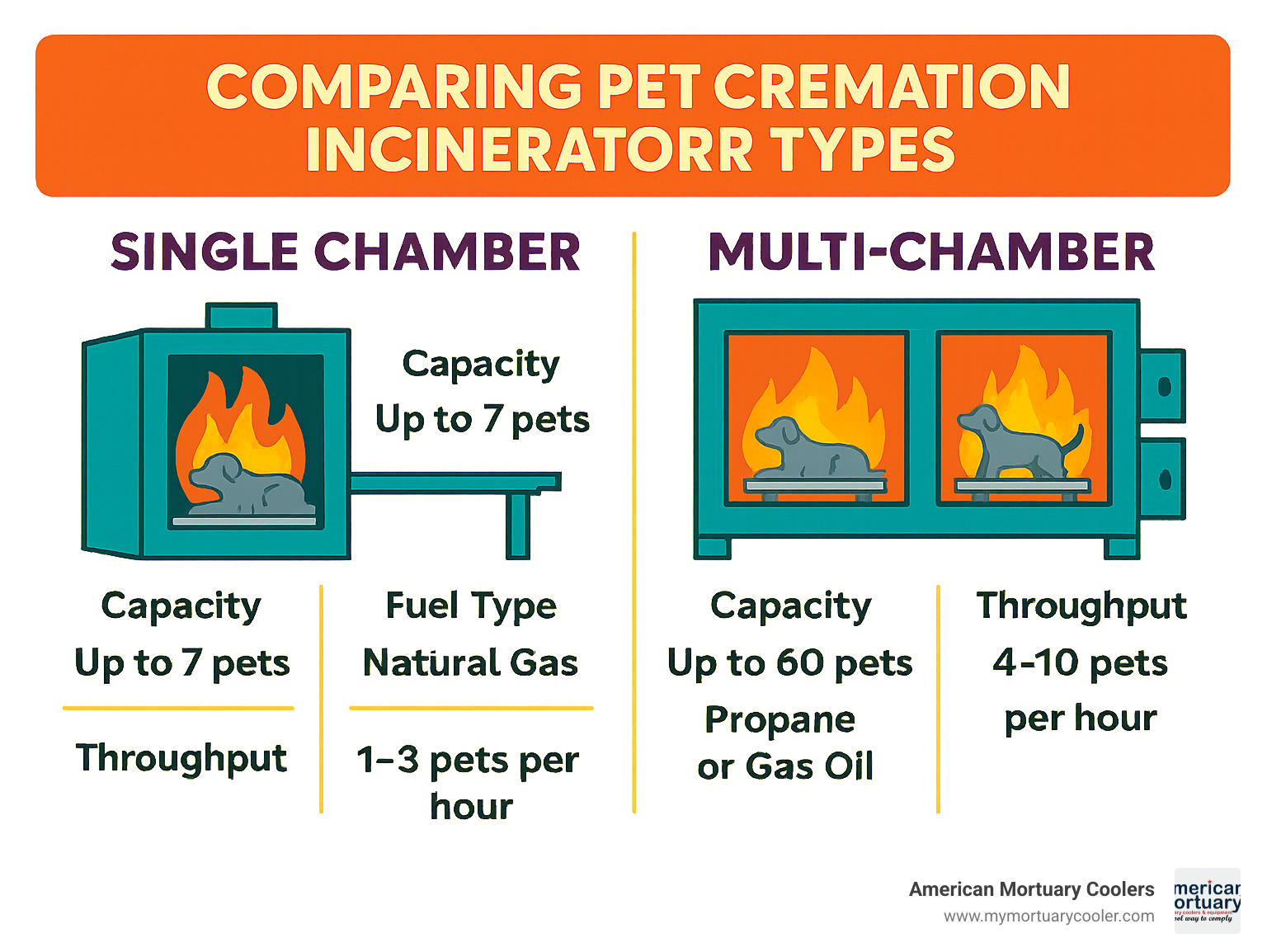 Comparison of pet cremation incinerator types showing single chamber vs multi-chamber units with their respective capacities, fuel types, and throughput rates - incinerator dog cremation infographic 