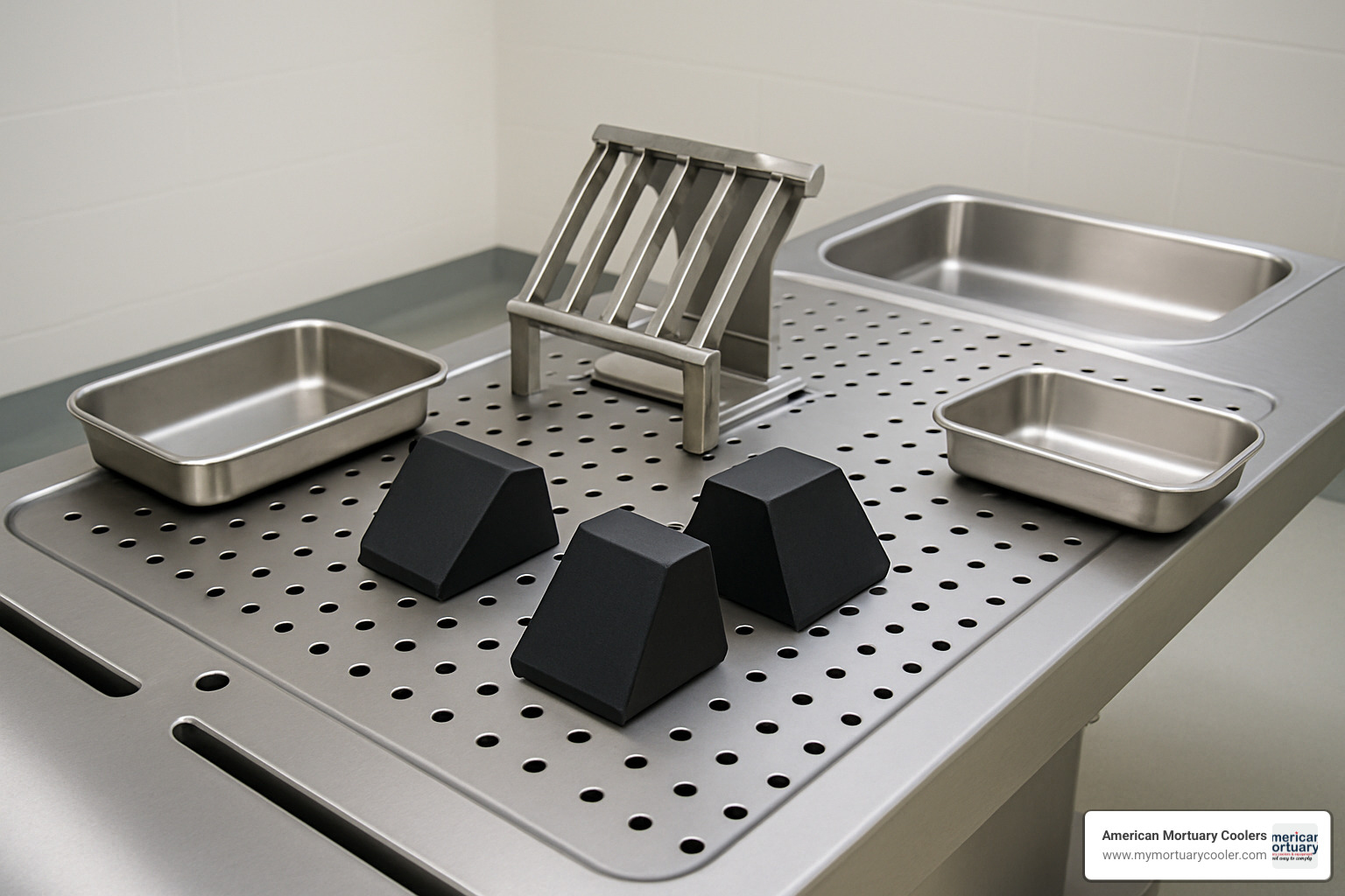 autopsy table accessory set including headrest, body blocks, and instrument trays - autopsy table for sale