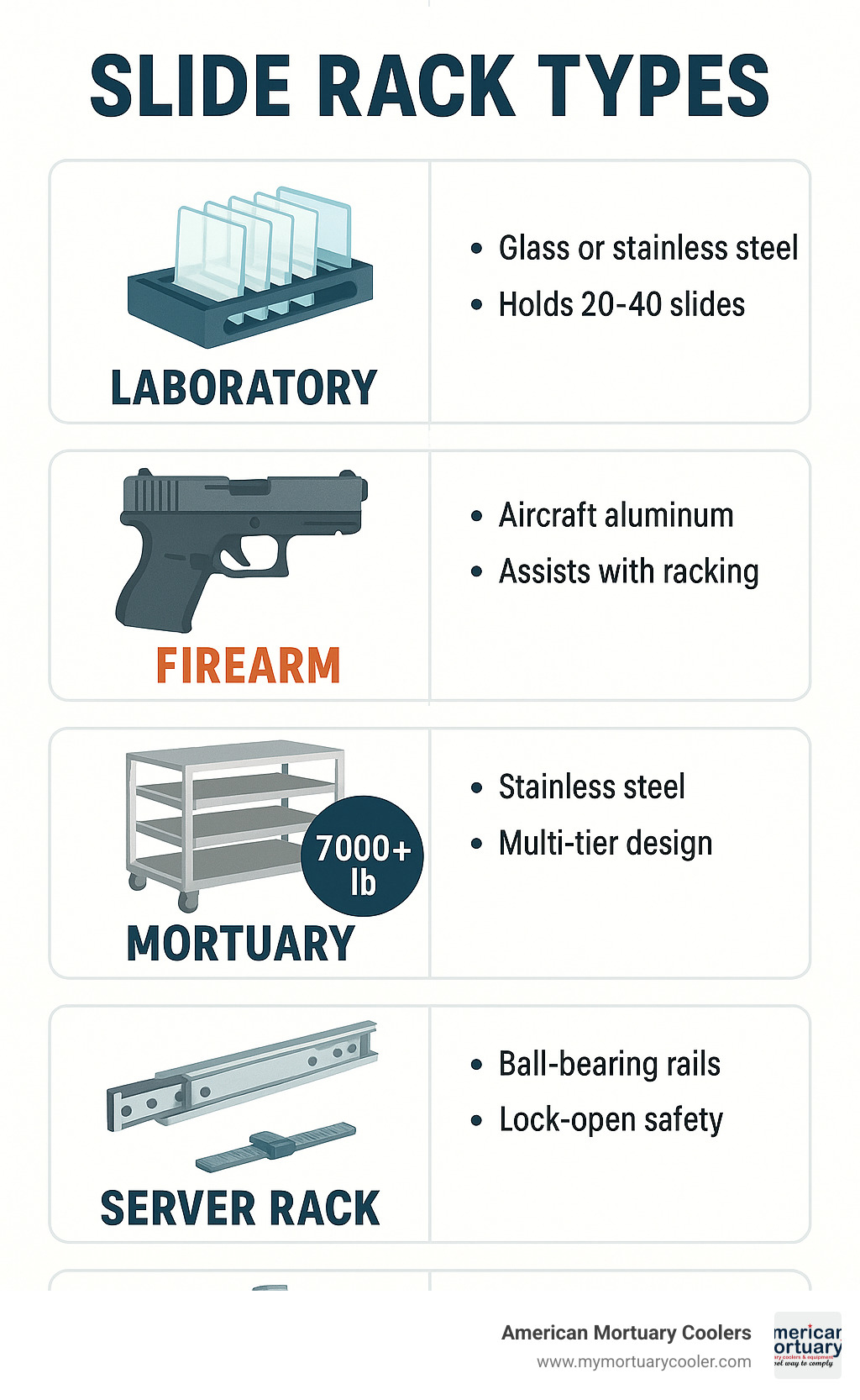 Comparison of different slide rack types across laboratory, firearm, mortuary, server rack, and exercise applications showing their construction materials, load capacities, and key features - slide rack infographic 