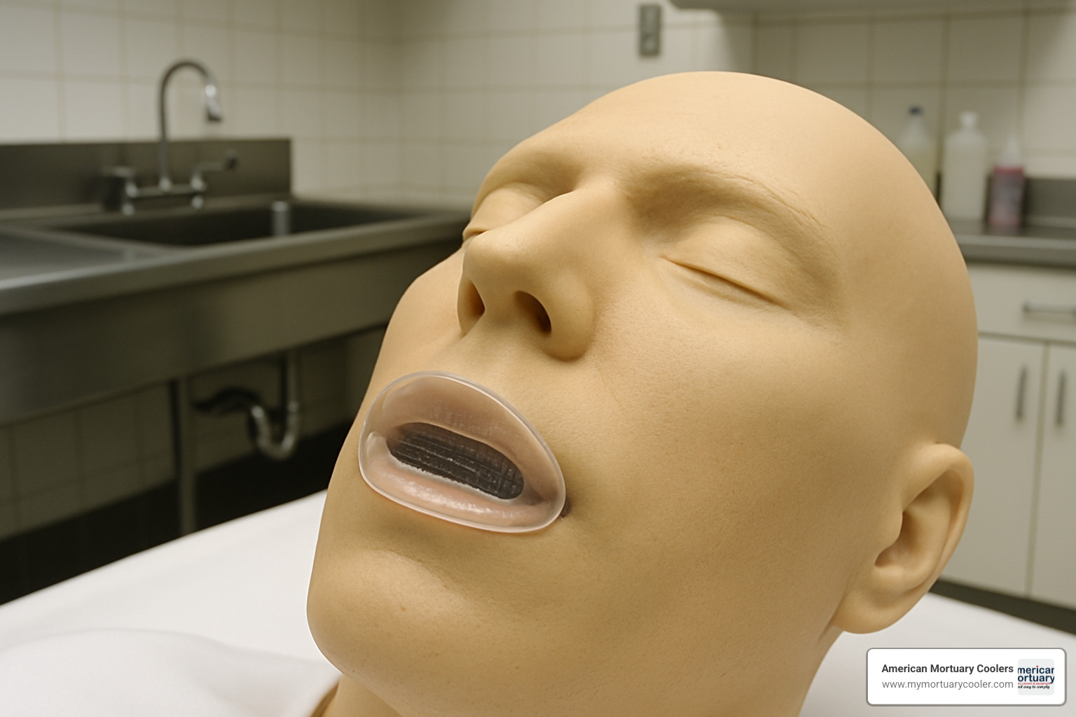 Clear vinyl mouth former used for non-invasive closure - how does a mortician close the mouth