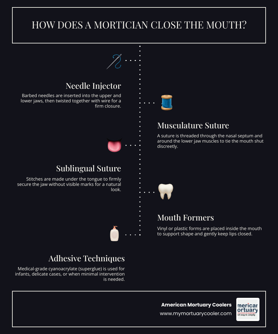 Step-by-step diagram showing the 5 main methods morticians use to close the mouth, including needle injector, septal suture, sublingual suture, mouth formers, and adhesive techniques, with illustrations of tools and placement - how does a mortician close the mouth infographic infographic-line-5-steps-dark