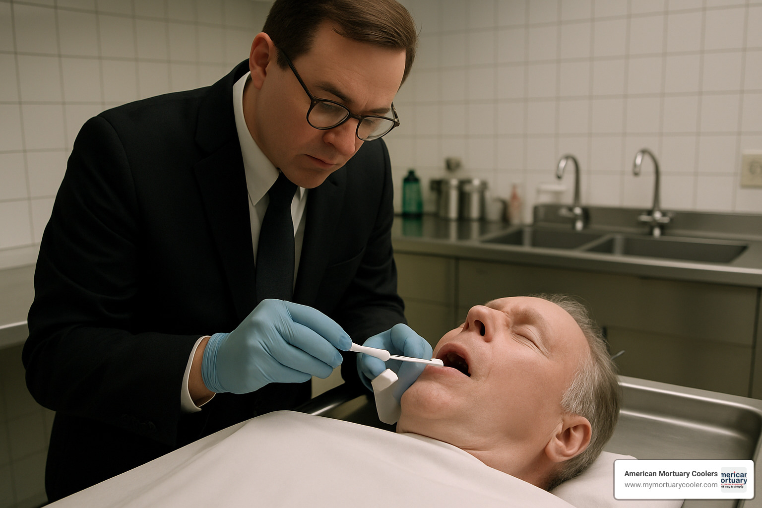Mortician preparing oral cavity with cotton and disinfectant - how does a mortician close the mouth