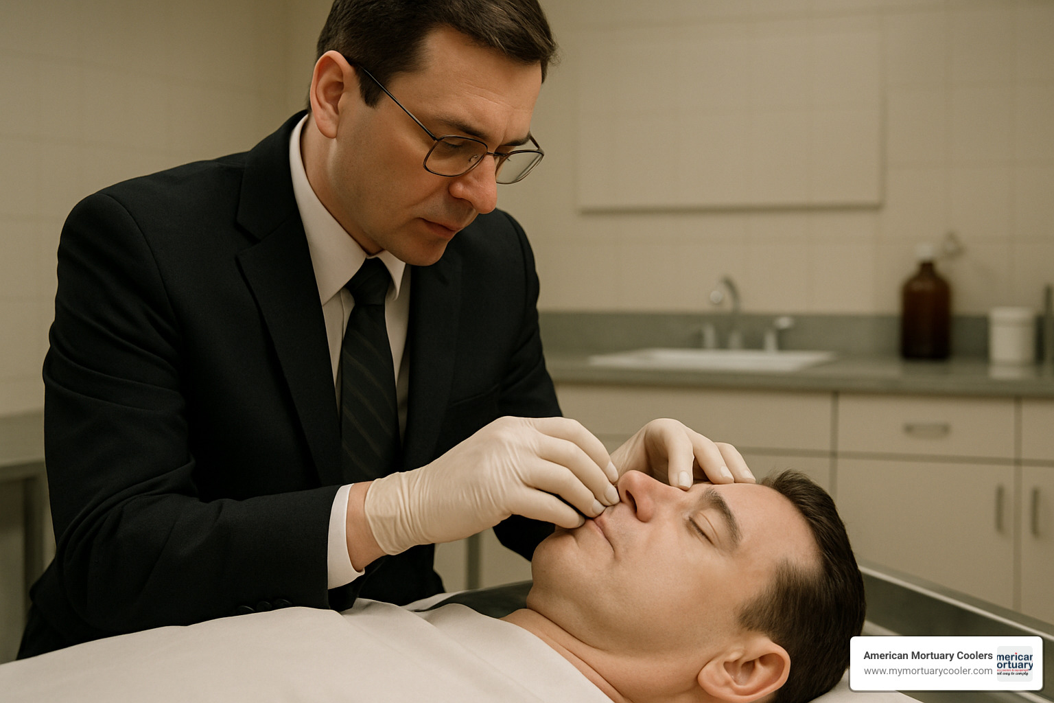 Mortician making final adjustments to facial features - how does a mortician close the mouth