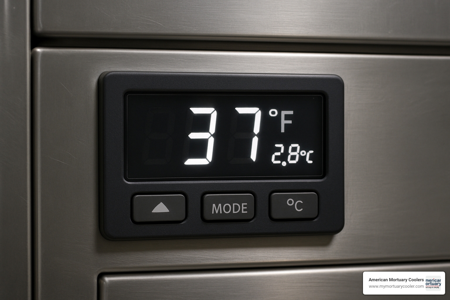 Digital thermostat display showing 37°F (2.8°C) in a morgue refrigerator unit - morgue refrigerator temperature