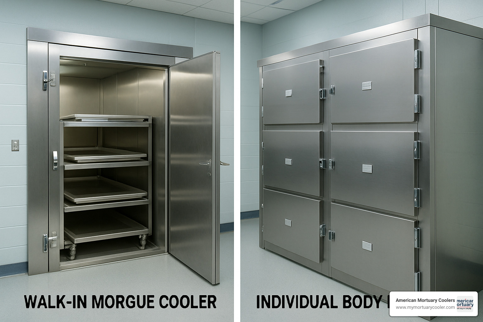 Comparison of walk-in morgue cooler vs. individual body box units - morgue refrigerator temperature