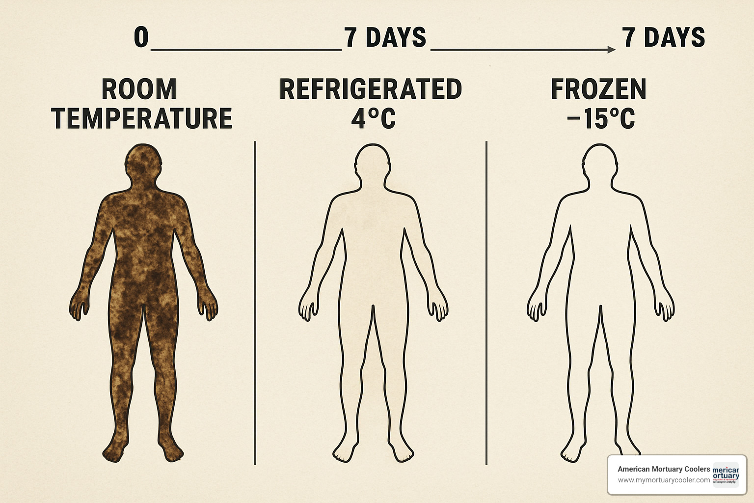 Time-lapse study showing preservation differences between room temperature, refrigeration at 4°C, and freezing at -15°C over 7 days - morgue refrigerator temperature