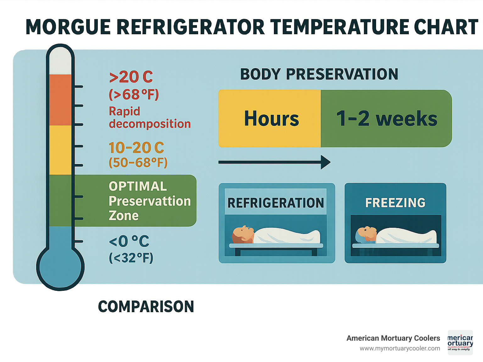 Morgue refrigerator temperature chart showing decomposition rates at different temperature ranges, with optimal preservation zone highlighted between 2-4°C (36-39°F), including timeline for body preservation and comparison between refrigeration vs freezing effects - morgue refrigerator temperature infographic 