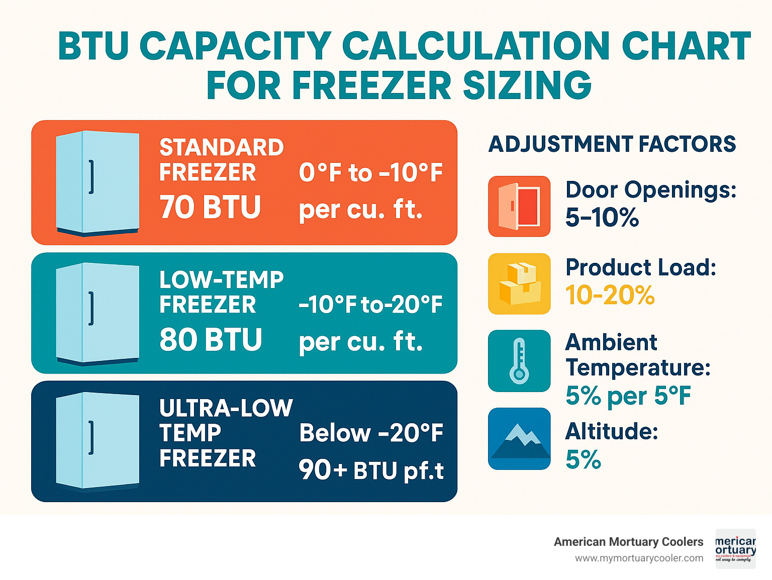 BTU capacity calculation chart for freezer sizing - freezer condenser unit infographic 