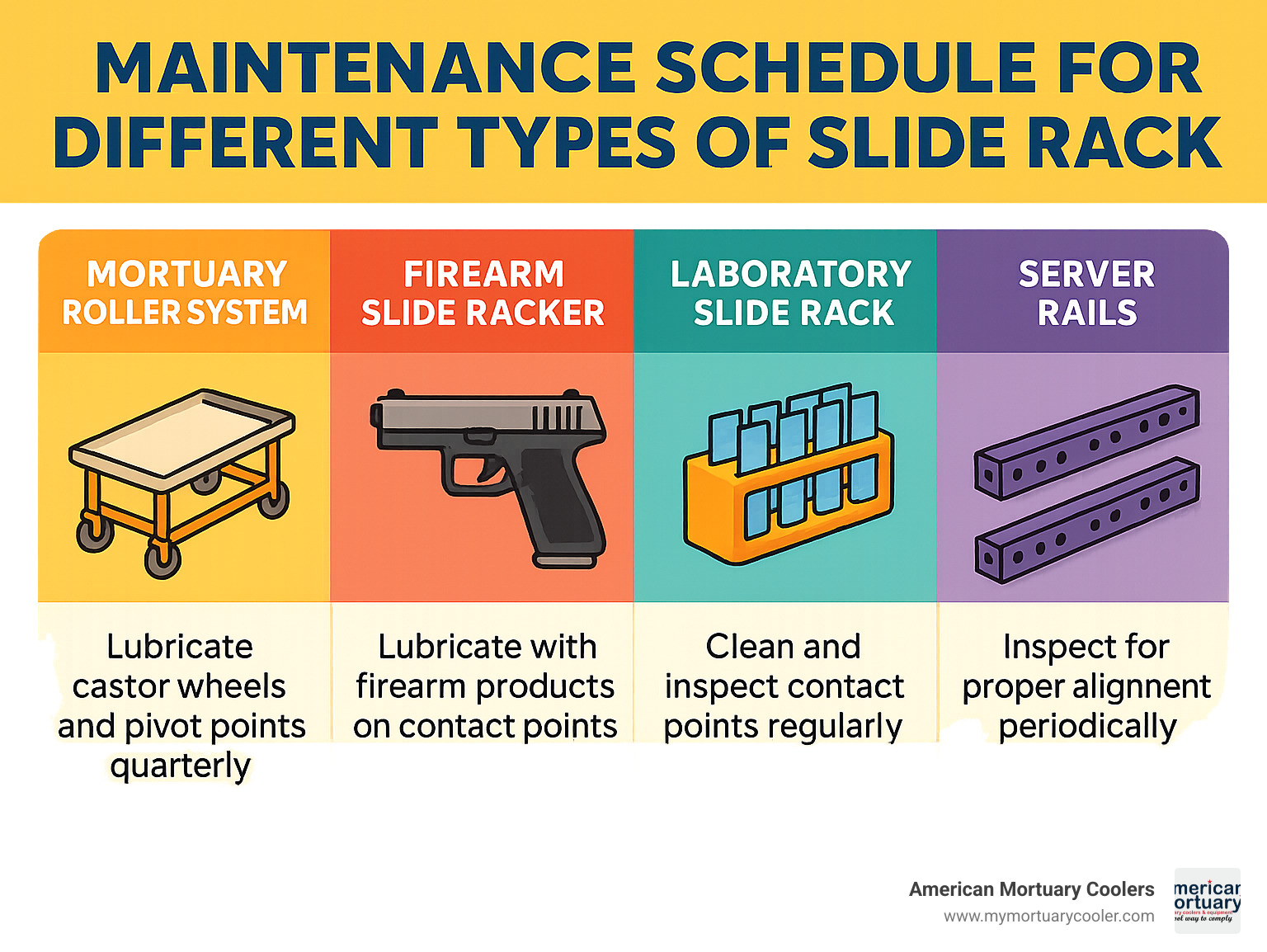 Maintenance schedule for different types of slide racks - slide rack infographic 