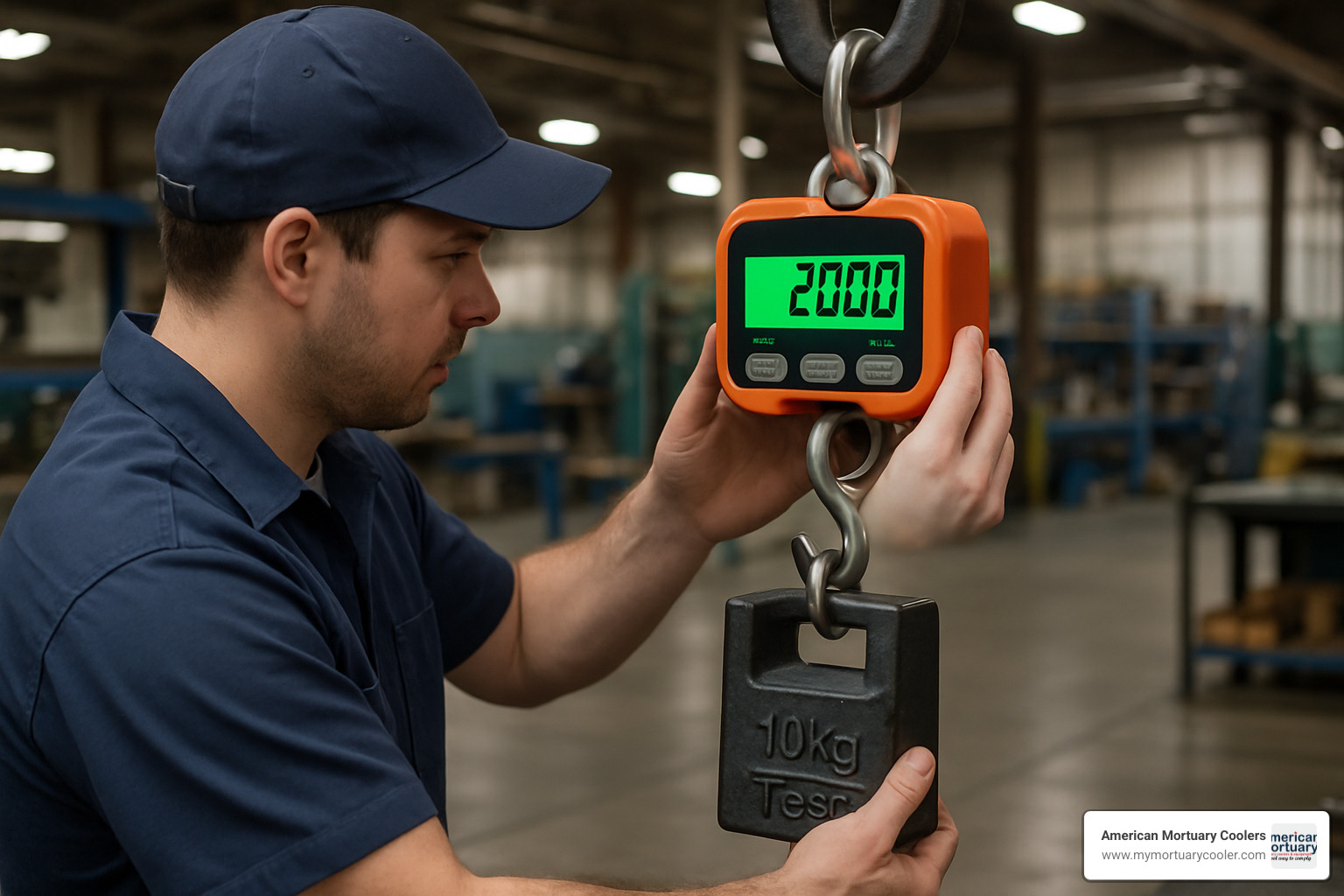 Calibration procedure being performed on a digital hanging scale with test weights - hanging scales weighing scales