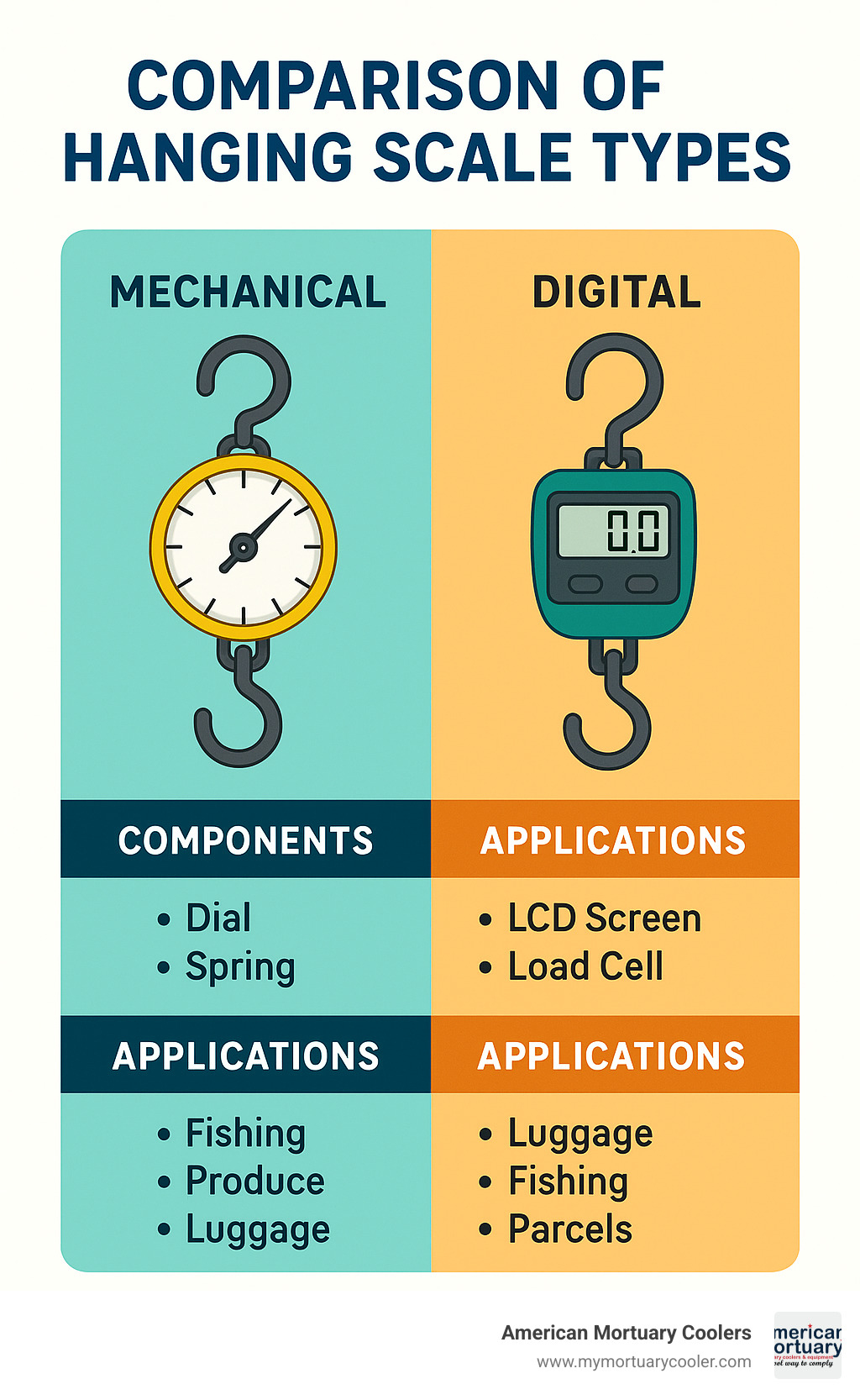 Comparison of hanging scale types showing mechanical vs digital with their components and applications - hanging scales weighing scales infographic 