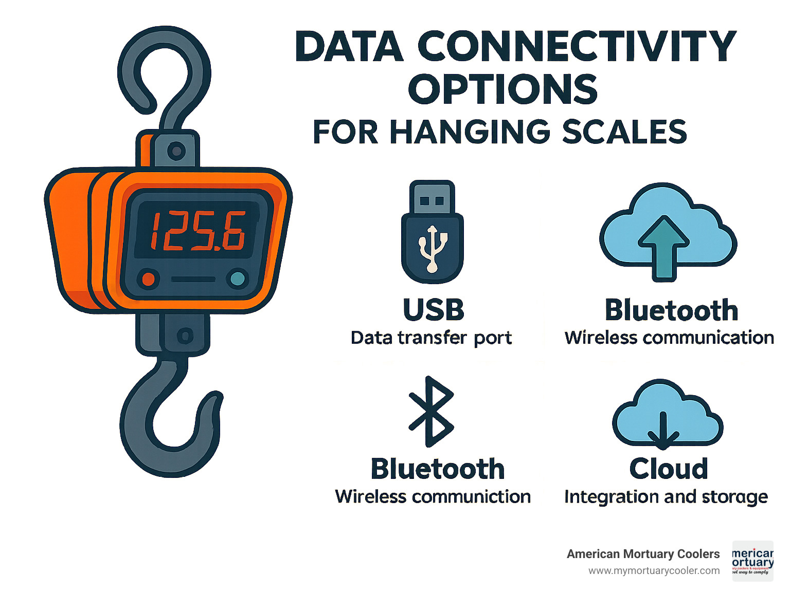 Data connectivity options showing USB, Bluetooth and cloud integration for hanging scales - hanging scales weighing scales infographic 