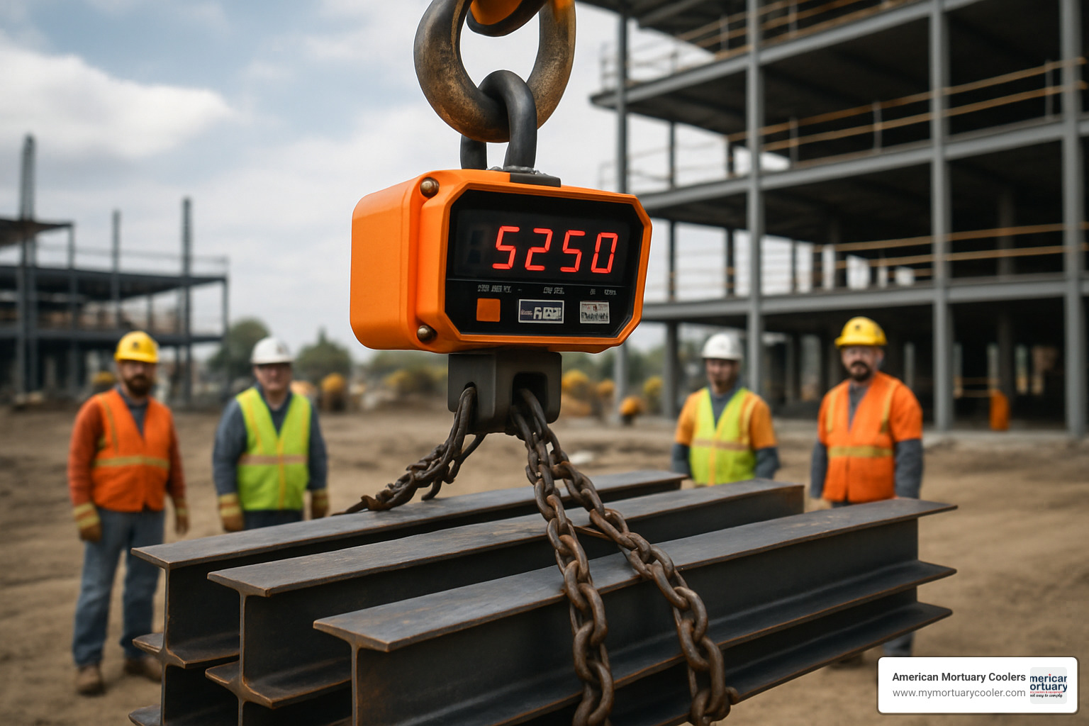 Industrial crane scale being used to weigh heavy materials at a construction site - hanging scales weighing scales
