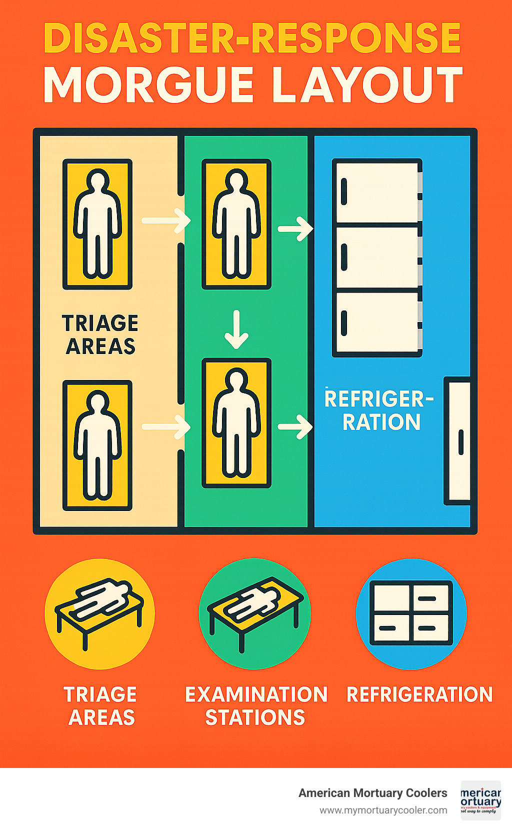 Disaster response morguary layout showing triage areas, examination stations, and refrigeration zones - morguary infographic 