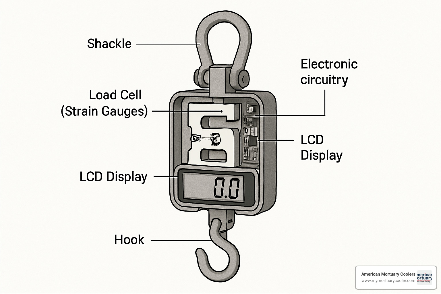 Diagram showing the internal components of a digital hanging scale with load cell and strain gauge - hanging scales weighing scales