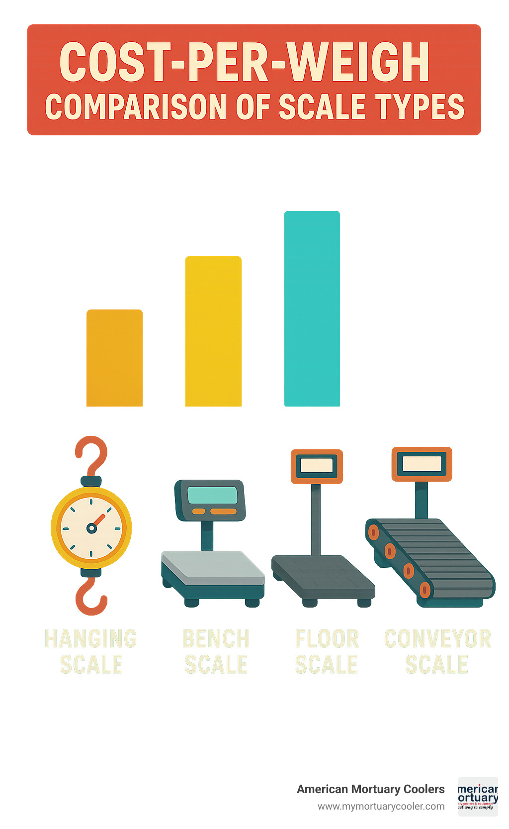 Cost-per-weigh comparison between different scale types including hanging, bench, floor and conveyor scales - hanging scales weighing scales infographic 