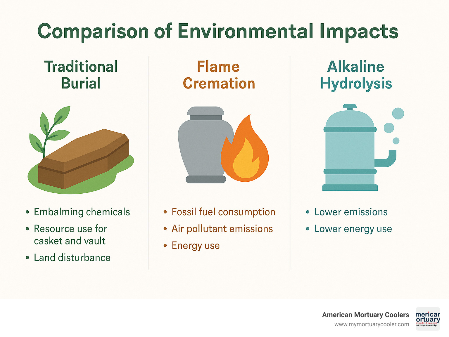 Comparison of environmental impacts between traditional burial, flame cremation, and alkaline hydrolysis - human cremation infographic 