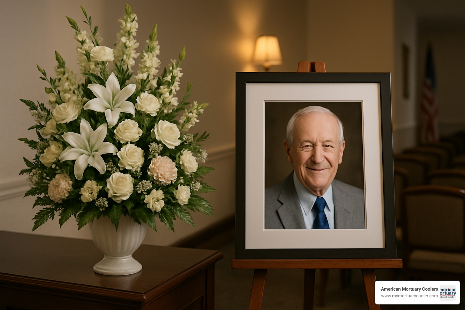 floral arrangement beside memorial photo display - bradley funeral home luray obituaries