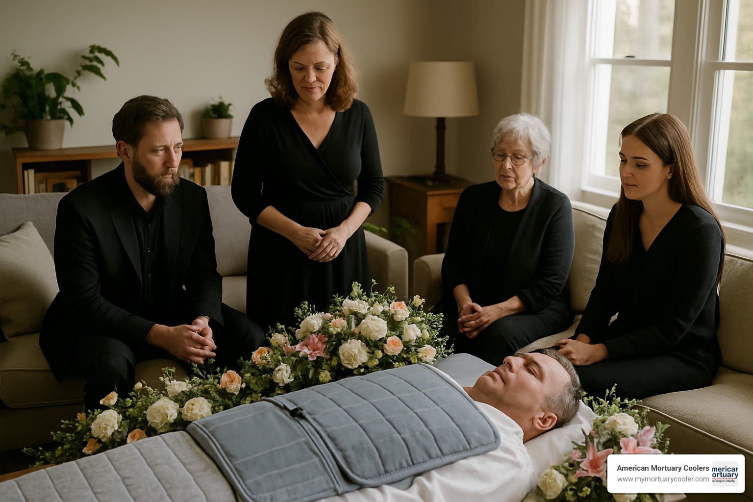 modern home funeral setup, showing body on table with cooling blanket and flowers, surrounded by family - cooling table funeral