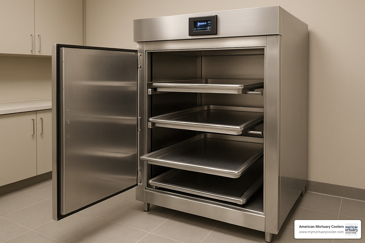 modern mortuary cooler with digital controls, stainless steel construction, and multiple shelves - cooling table funeral
