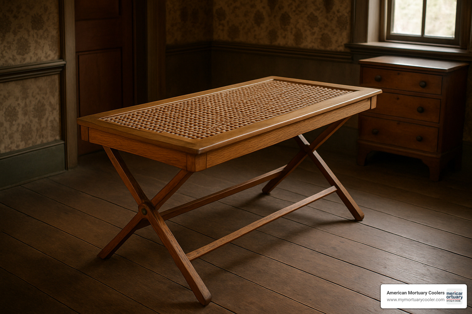 vintage cane latticework cooling board, showing open weave for airflow and drainage - cooling table funeral