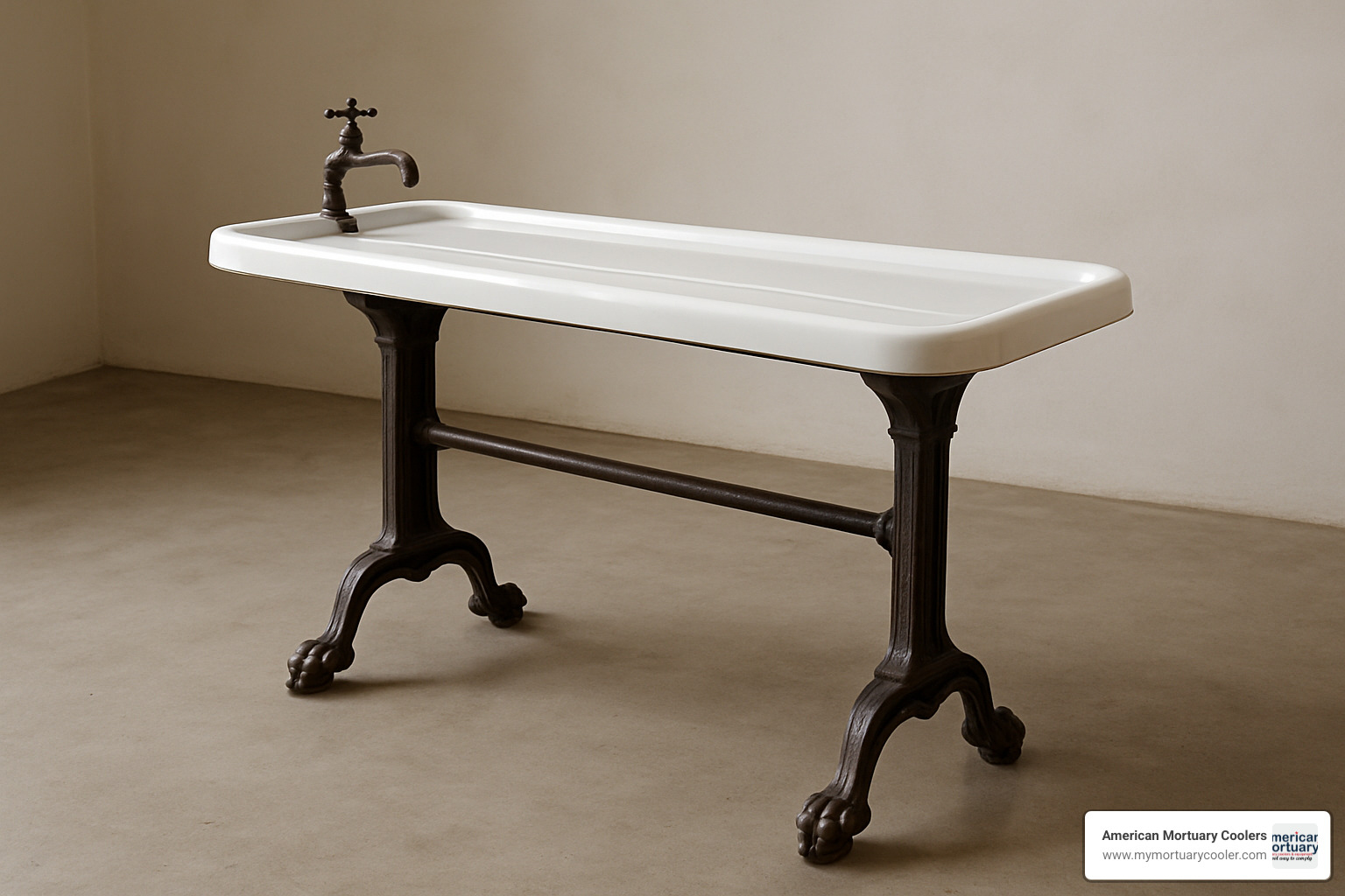 antique embalming table from the 1920s with porcelain top and cast iron base - embalming table for sale