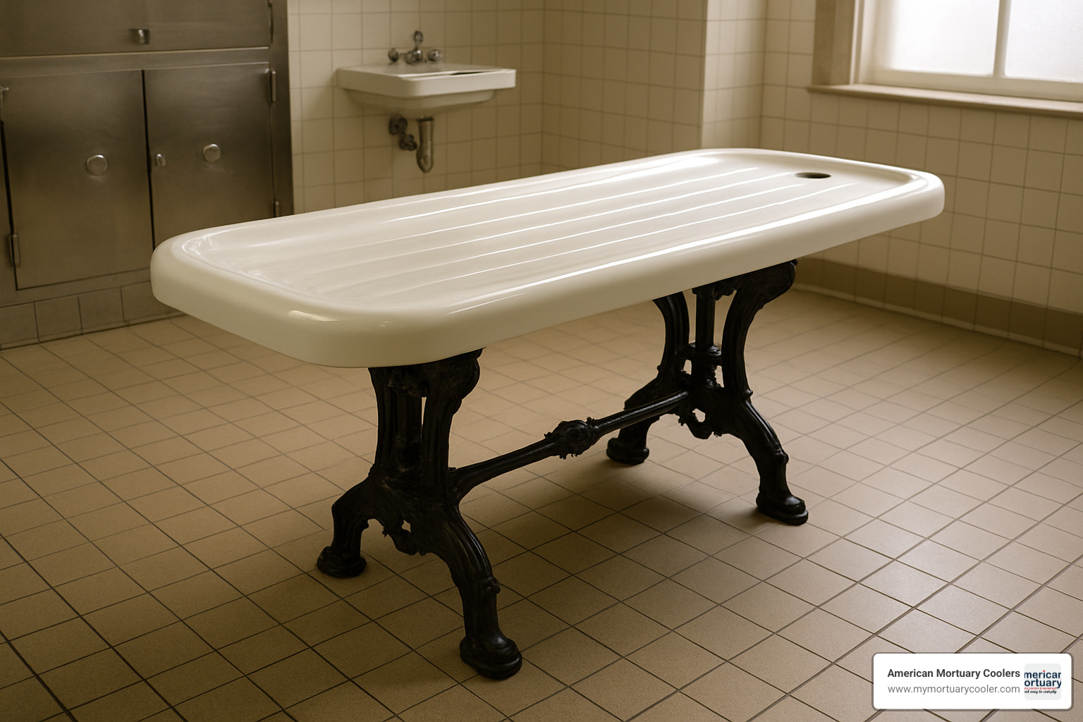 vintage porcelain embalming table with cast iron base - embalming table for sale