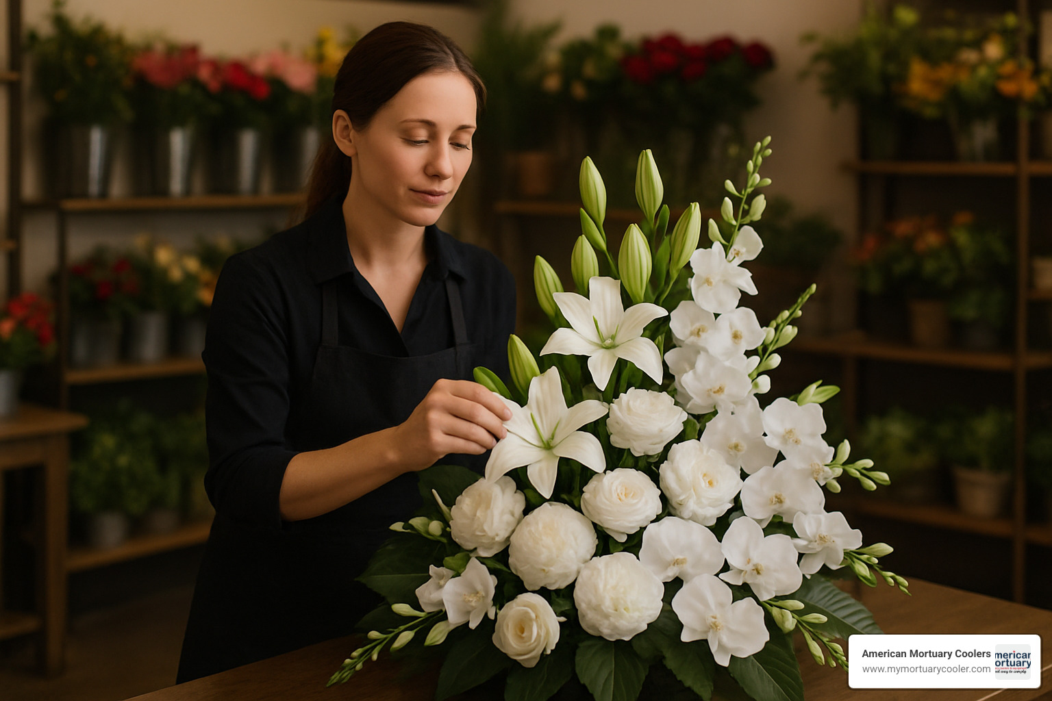 Florist selecting appropriate flowers for a funeral floral arrangement - funeral floral stands