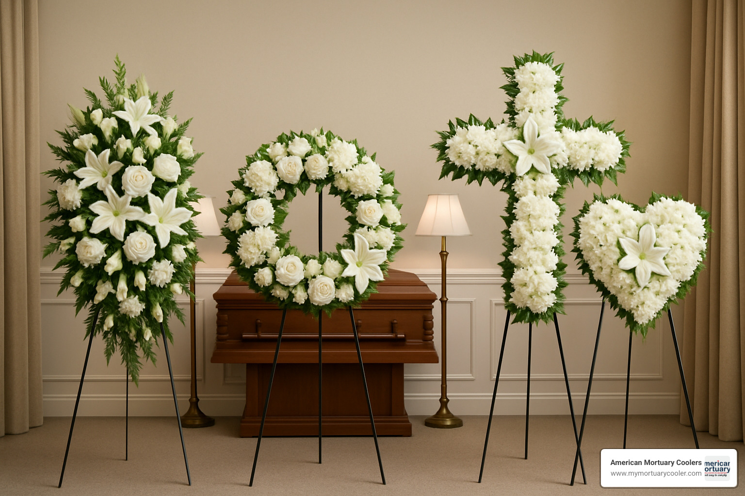 Different types of funeral floral stands side by side showing standing spray, wreath, cross, and heart arrangements - funeral floral stands