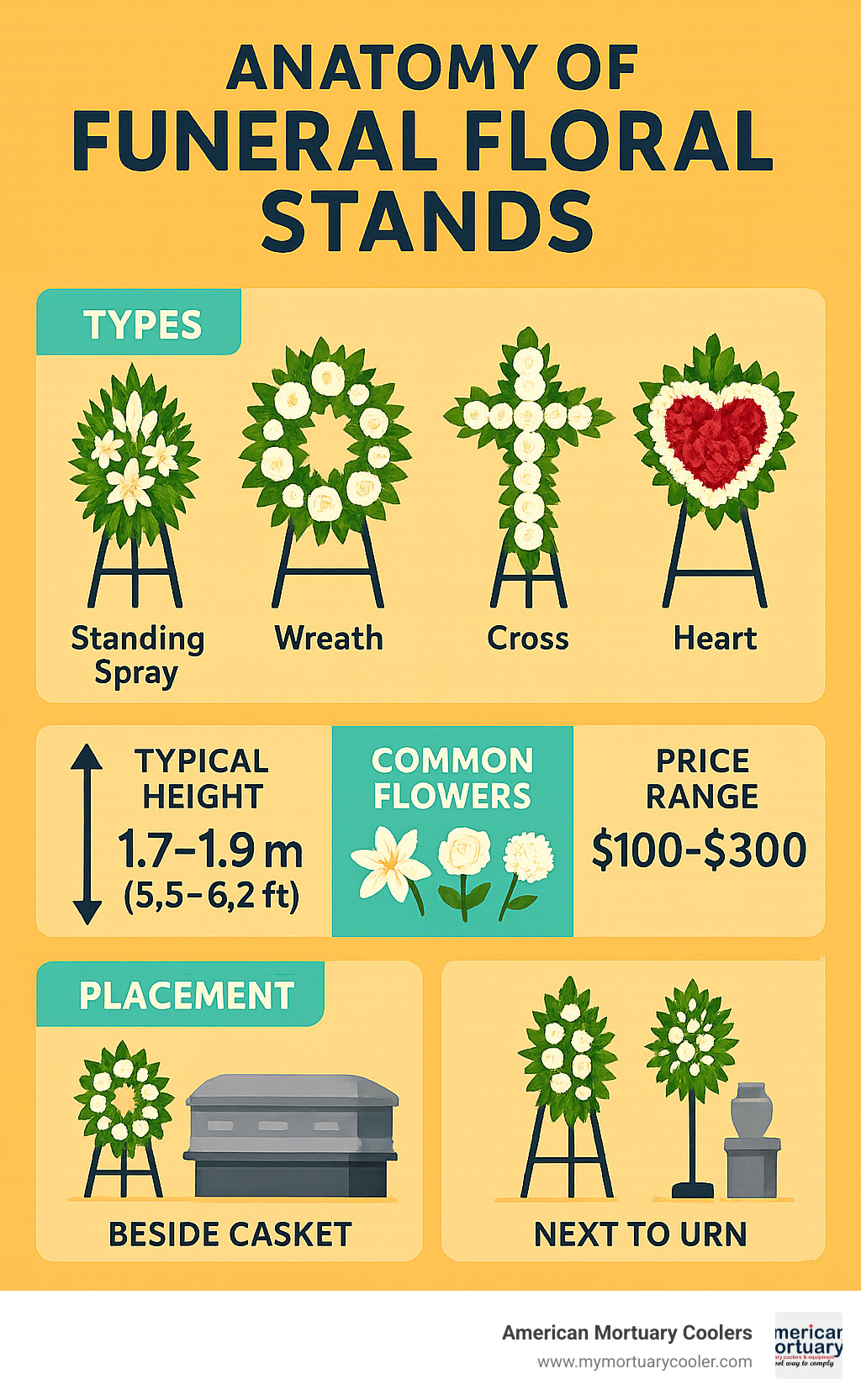 Anatomy of funeral floral stands showing different types (standing sprays, wreaths, crosses, hearts), standard heights, common flower selections, price ranges, and appropriate placement locations at services - funeral floral stands infographic 