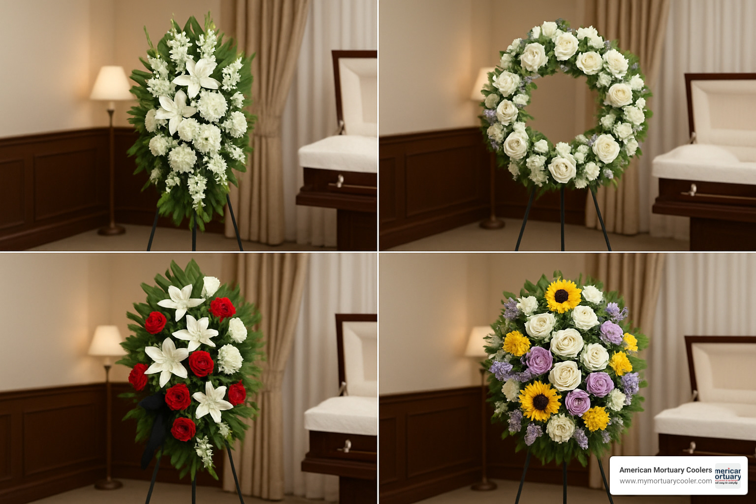 Collage of popular funeral floral stands showing budget and premium options with different flower types and designs - funeral floral stands