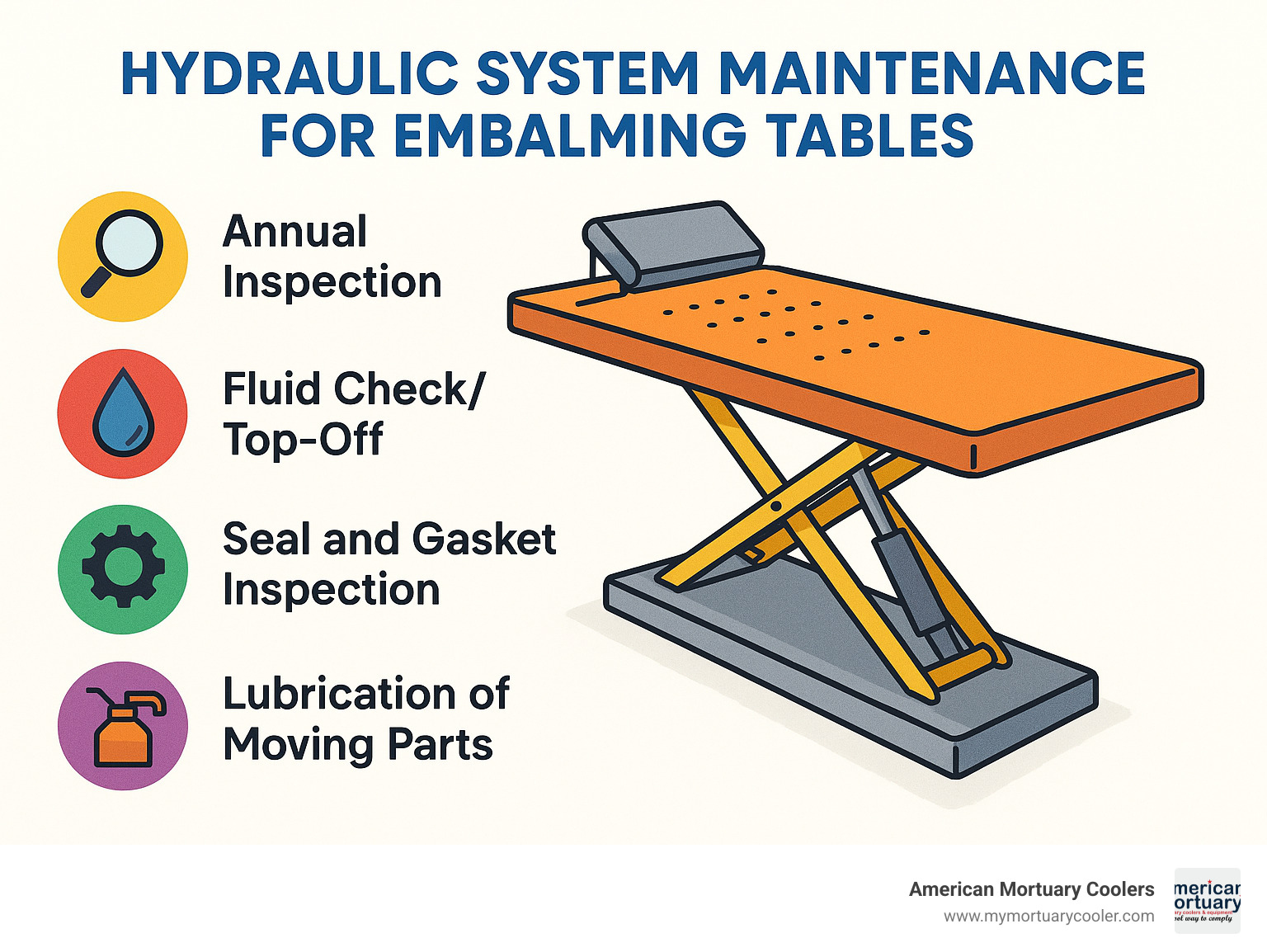 Hydraulic system maintenance for embalming tables - embalming table for sale infographic 