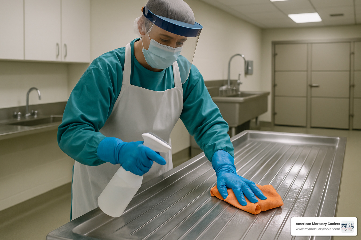 Person properly cleaning and sanitizing a stainless steel washing table with appropriate PPE - washing table