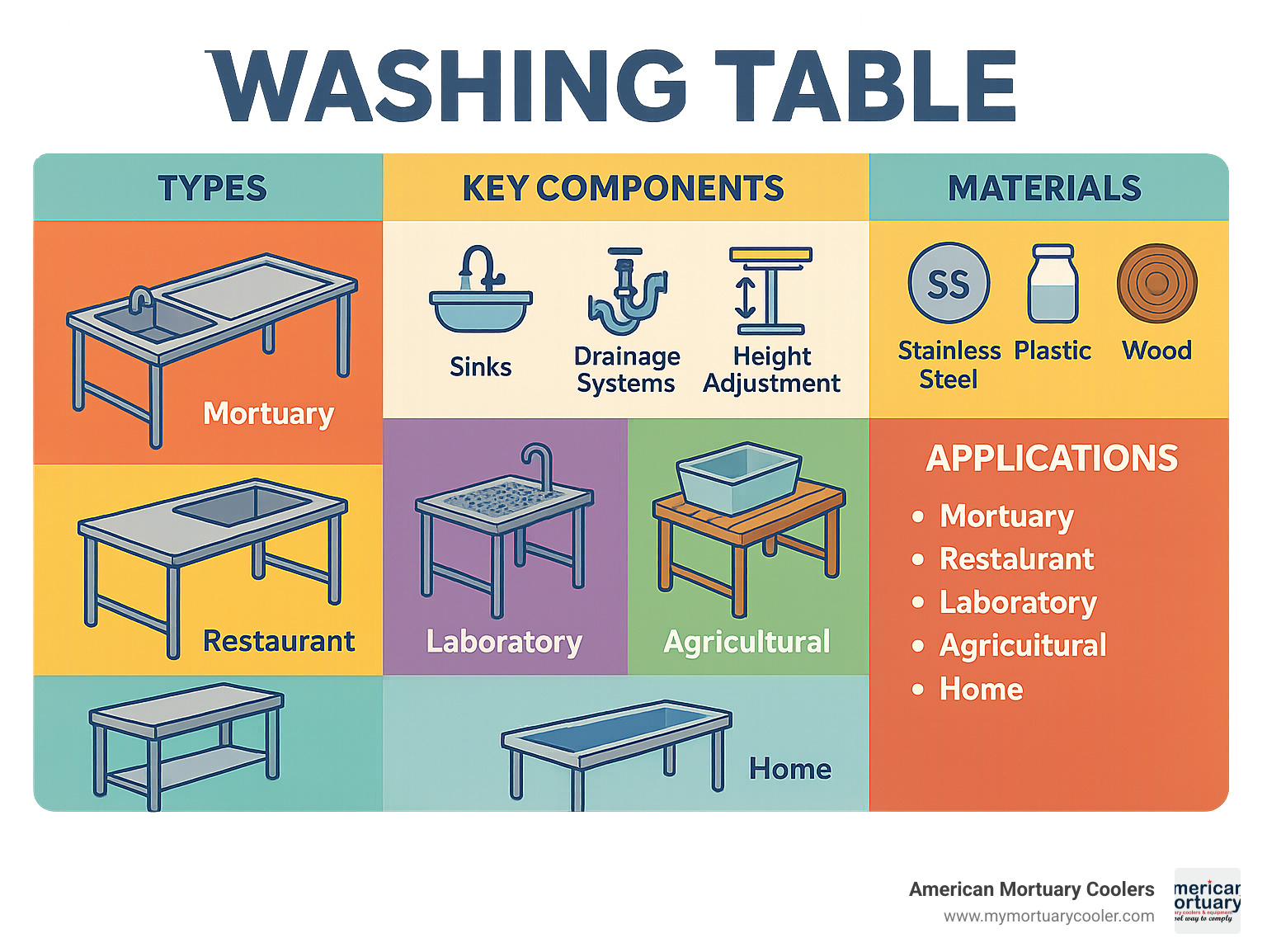 Diagram showing different types of washing tables with their key components (sinks, drainage systems, height adjustment mechanisms), materials (stainless steel, plastic, wood), and common applications (mortuary, restaurant, laboratory, agricultural, home) - washing table infographic 