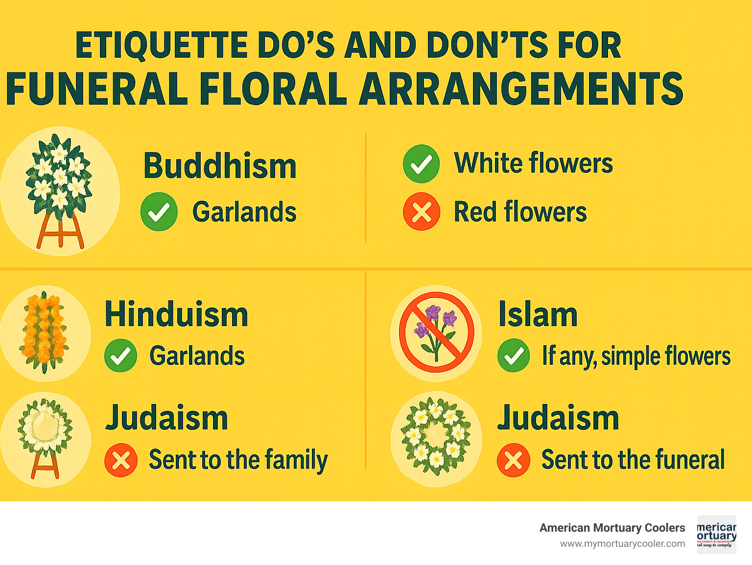 Etiquette do's and don'ts for funeral floral arrangements across different cultures and religions - funeral floral stands infographic 