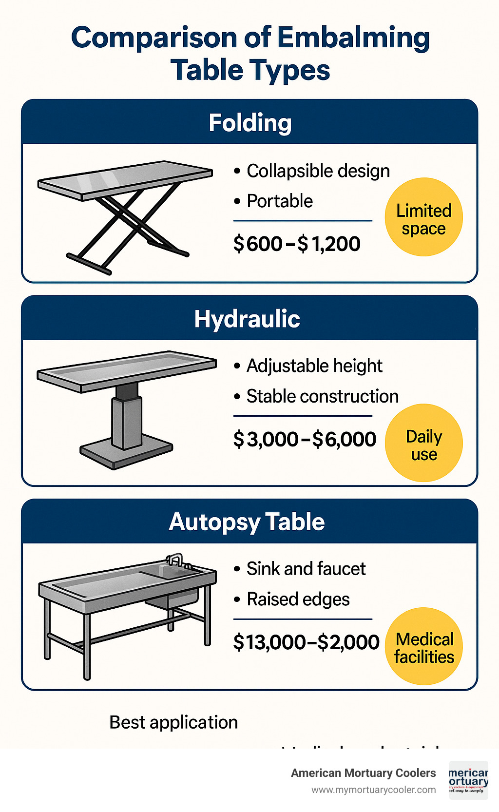Comparison of embalming table types showing folding tables, hydraulic models, and autopsy tables with their key features, price ranges, and best applications for funeral homes - embalming table for sale infographic 