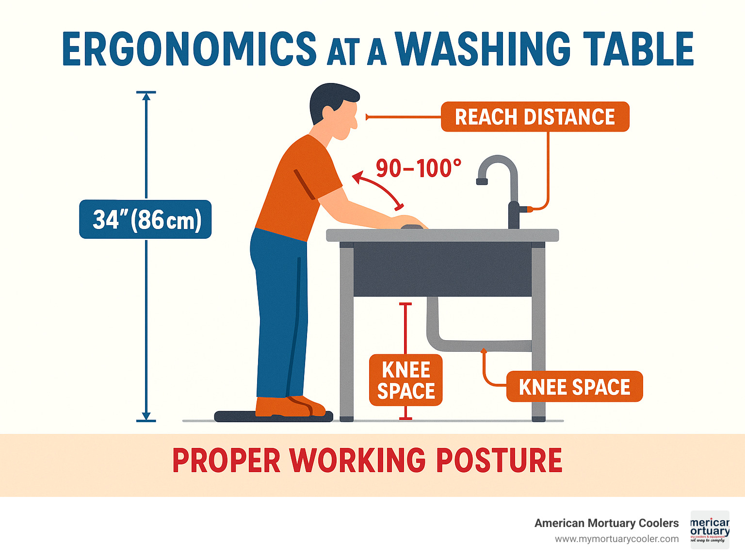 Ergonomic diagram showing proper working posture at a washing table with measurements and angles - washing table infographic 