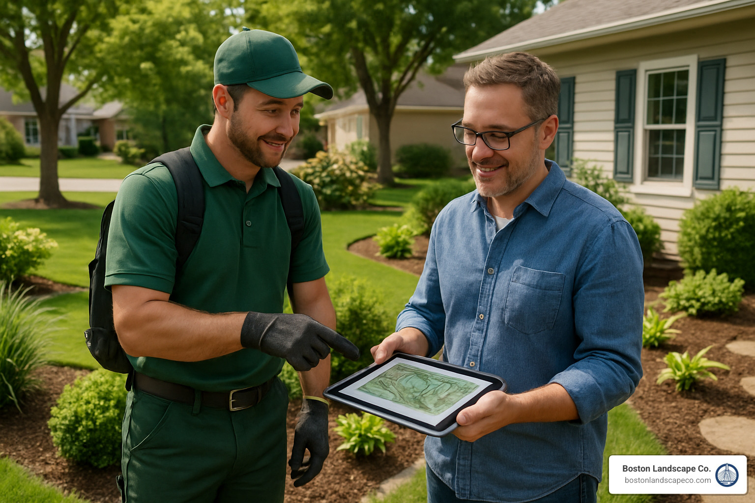 professional landscaper meeting with client to discuss project - landscaping companies in my area