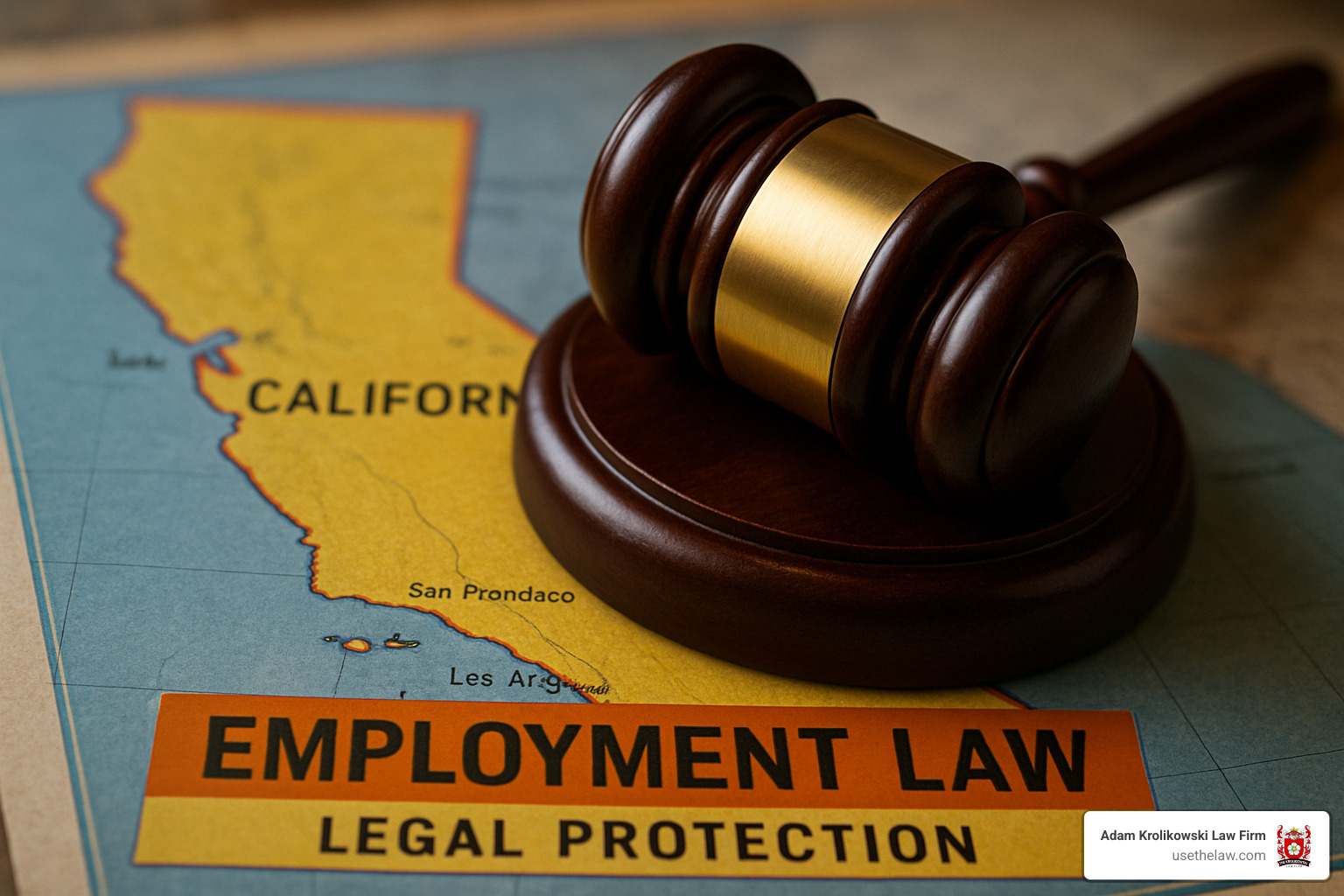 Gavel on California map representing employment law - employment attorney los angeles free consultation