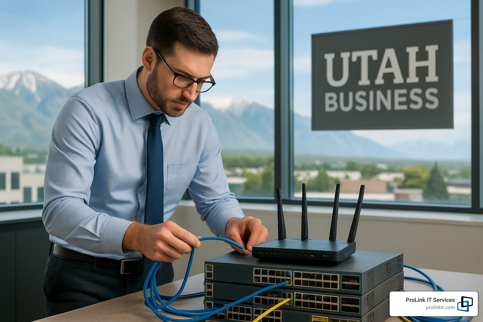 IT technician setting up network equipment during Utah business onboarding - it outsourcing utah