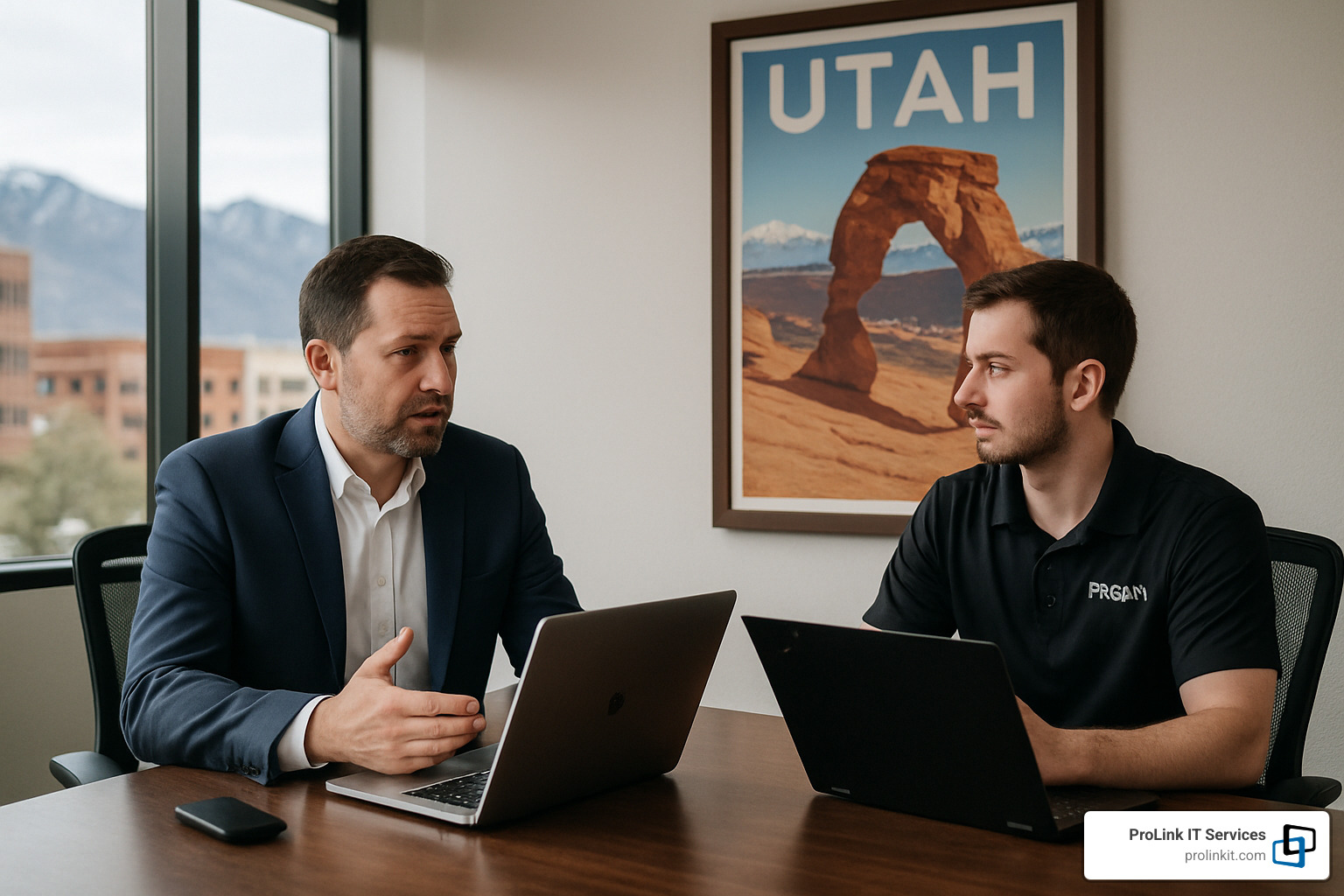 Utah business owner discussing IT outsourcing strategy with ProLink IT technician - it outsourcing utah