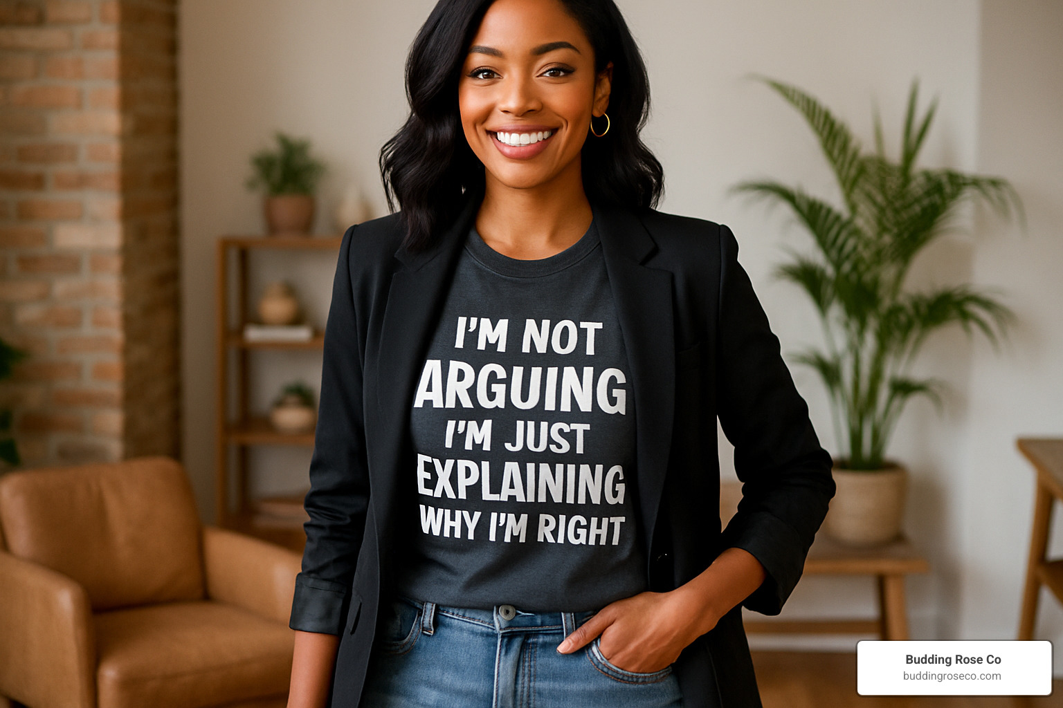 woman styling a funny t-shirt with a blazer - funny wife t shirts
