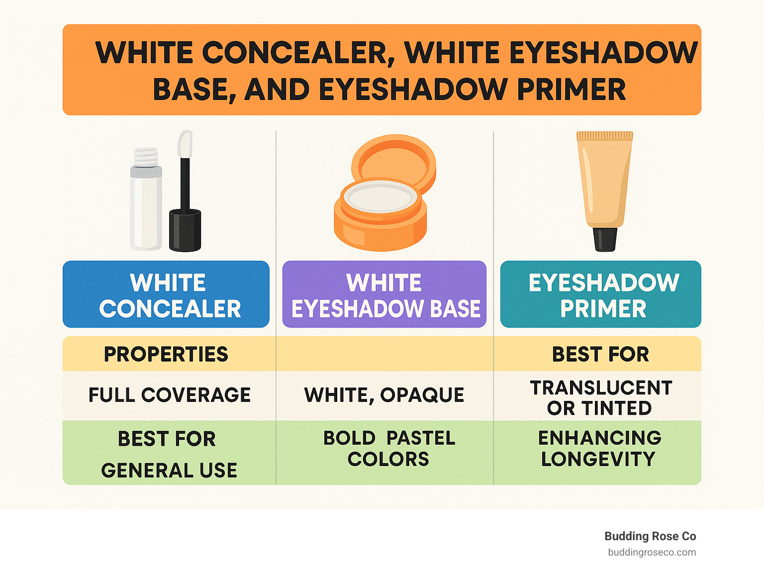 Comparison chart showing the differences between white concealer, white eyeshadow base, and regular eyeshadow primer, highlighting their unique properties and best uses - white eyeshadow base infographic 