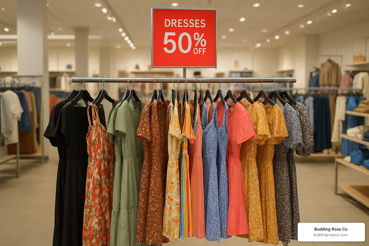 rack of discount dresses in various lengths and styles - discount dresses